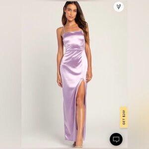 Lulus Lavender Satin Maxi Dress – Size Large | Slit Formal Wedding Guest